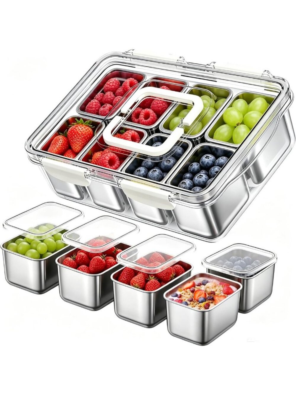 Large Capacity Stainless Steel Snack Box - 8 Compartments, Dishwasher Safe